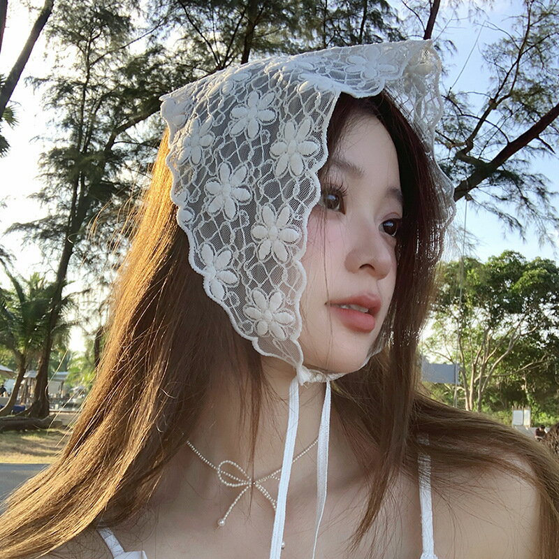 三角スカーフ　ヘアバンド　フラワー　レース　チュール (T)