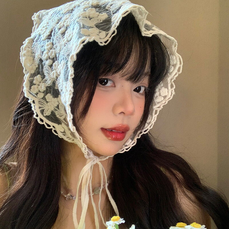 三角スカーフ　ヘアバンド　フラワー　レース (T)