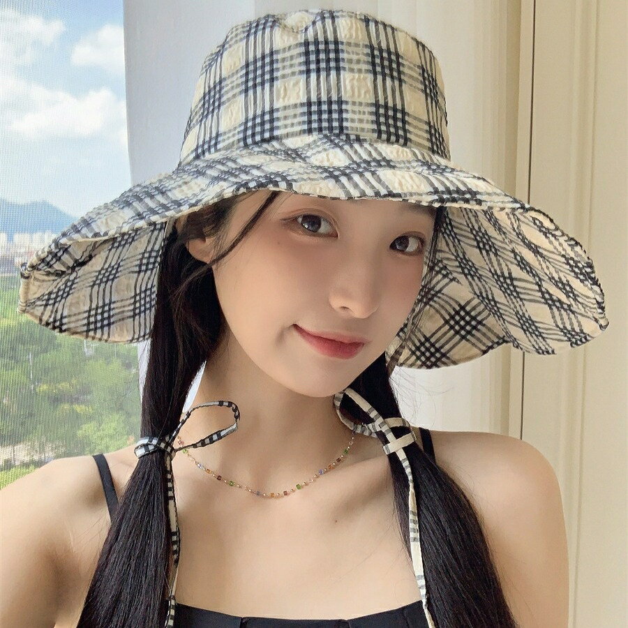 For Women - チェック柄バケットハット　リボン付き (T)
