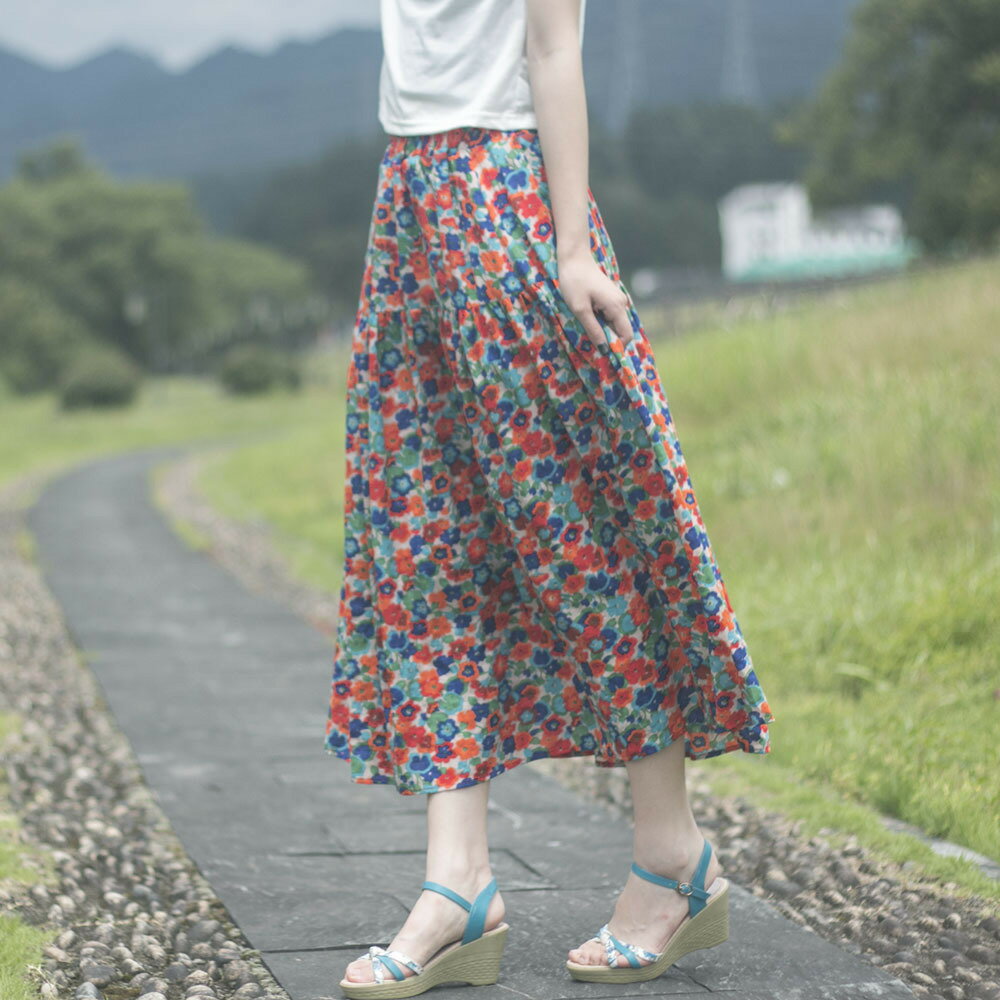 民族風ロングスカート フレアスカート 綿麻 花柄 (T)