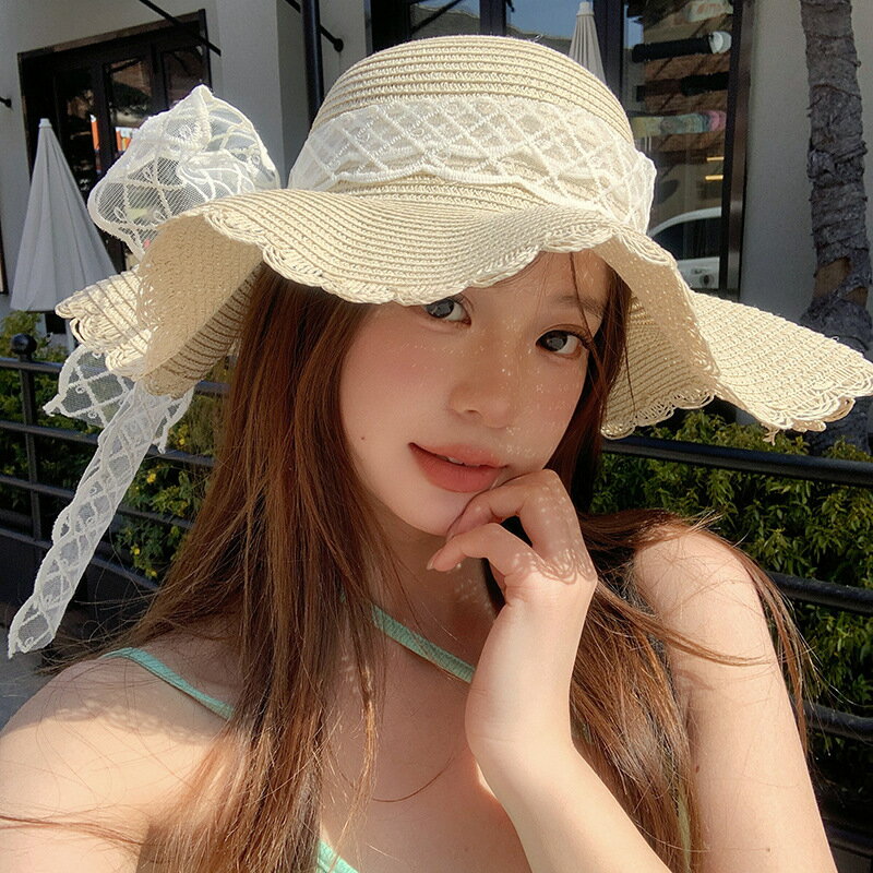 麦わら帽子 UVカット 春夏 レディース ストロー リボン レース バレエコア (T)