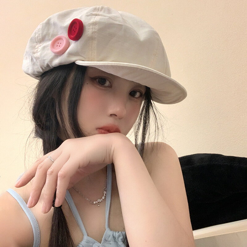 キャスケット　春夏　レディース　韓国ファッション　デザイン　ボタン (T)