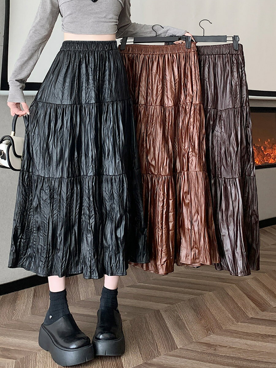 ロングスカート　レディース　INS　韓国ファッション　秋冬　PU (T)