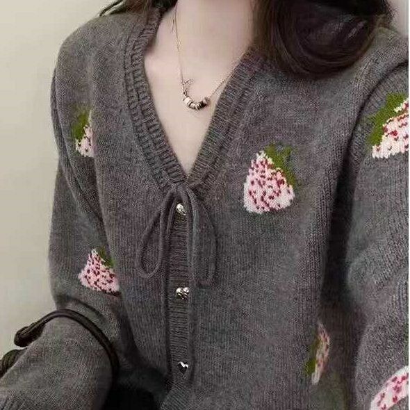 ニットカーディガン リボン デザイン イチゴ (T)