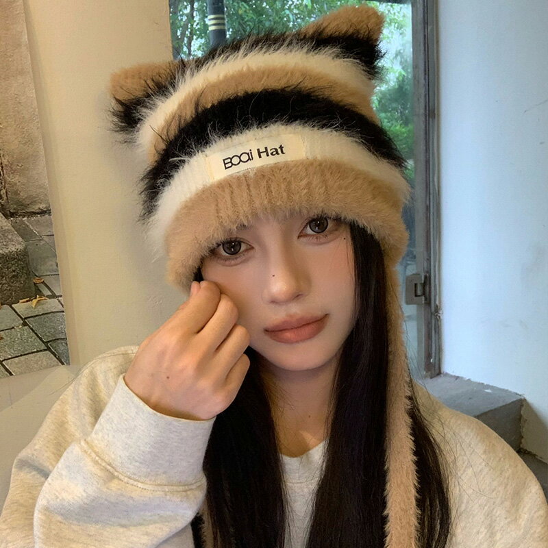 猫耳ボーダー柄ニットキャップ (T)