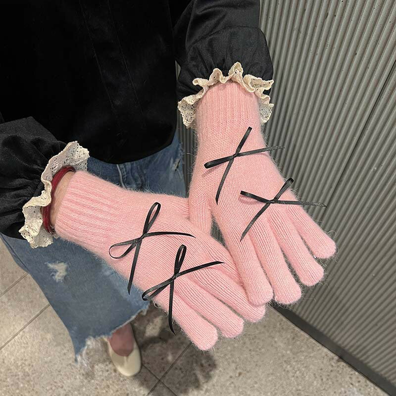 かわいいレディース手袋　秋冬　リボンデザイン (T)