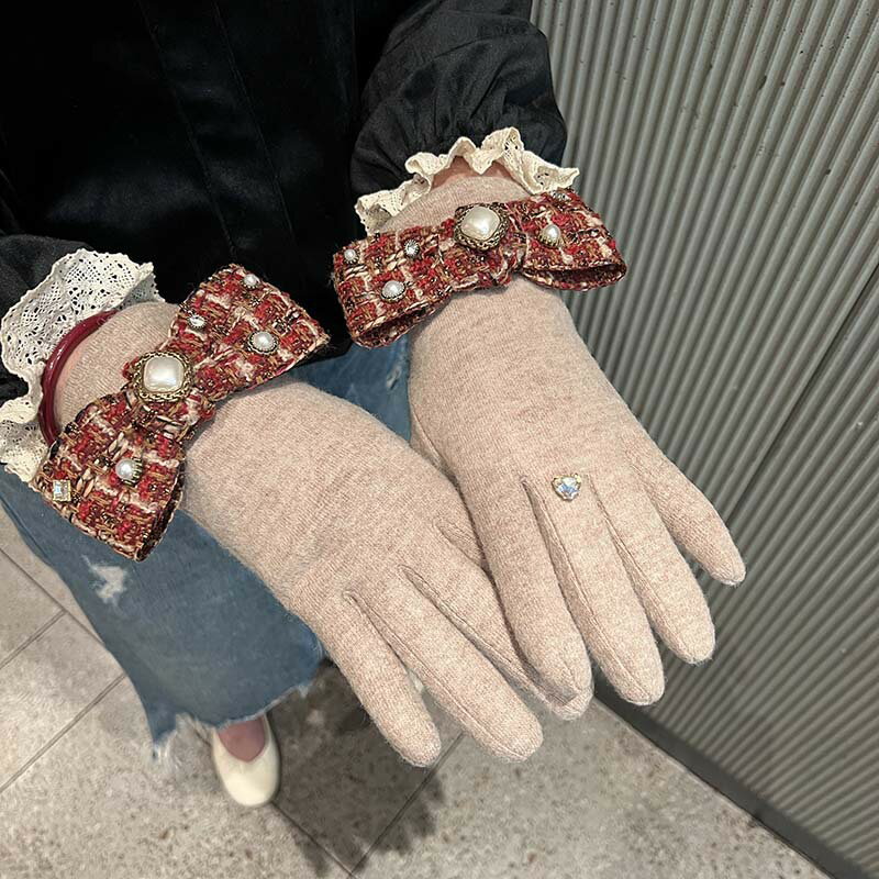 かわいいレディース手袋　秋冬デザイン　リボン付き (T)