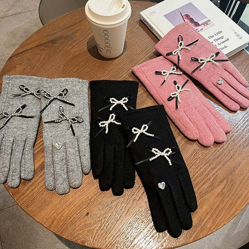 かわいいレディース手袋　秋冬　リボンデザイン (T)