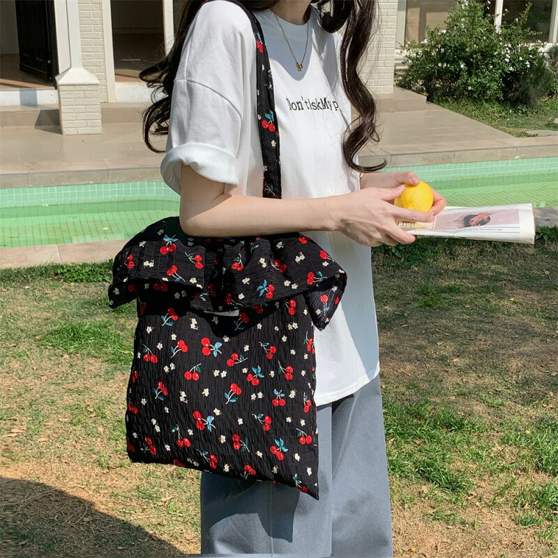 Rakuten - トートバッグ 韓国ファッション かわいい 大容量 サクランボ フリル (T)