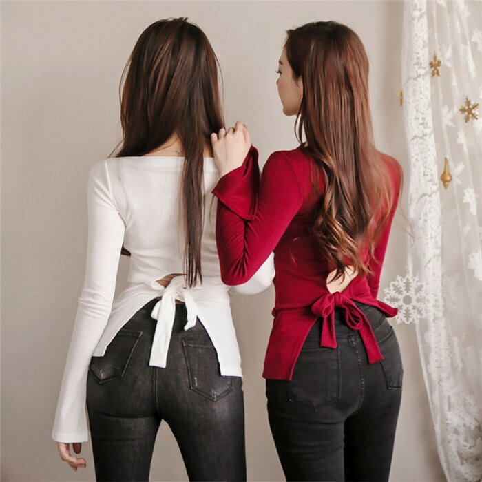 大人オフショルダー スリム 長袖 ニット Tシャツ ボトムトップ[K](T)