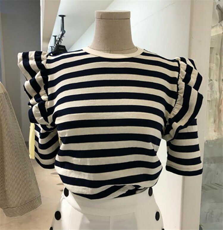 INSスタイル ボーダー スリムフィット フリルトップス (T)