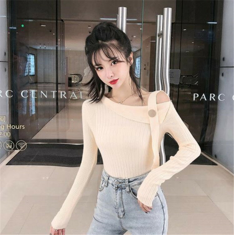 長袖 オフショルダー ニットトップス スリムフィット セーター[K](T)