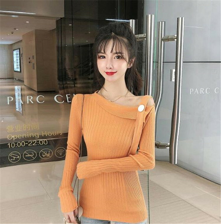 長袖 オフショルダー ニットトップス スリムフィット セーター[K](T)