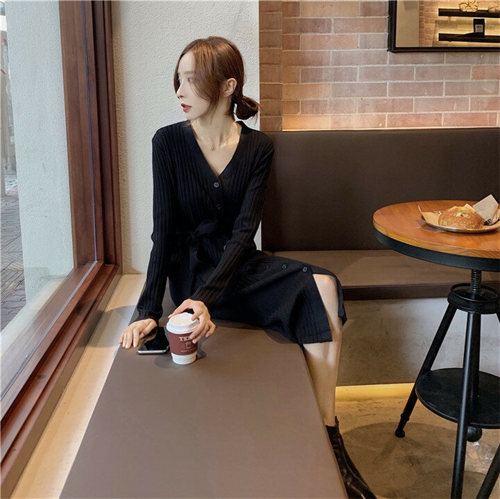 Vネック 単体ボタン スリム セクシー ロングニットワンピース スリット(T)