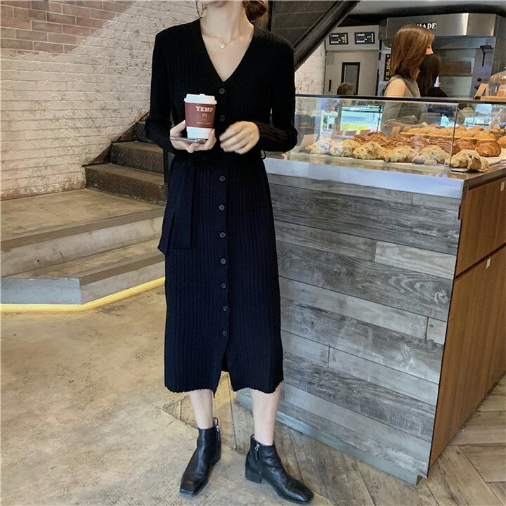Vネック 単体ボタン スリム セクシー ロングニットワンピース スリット(T)