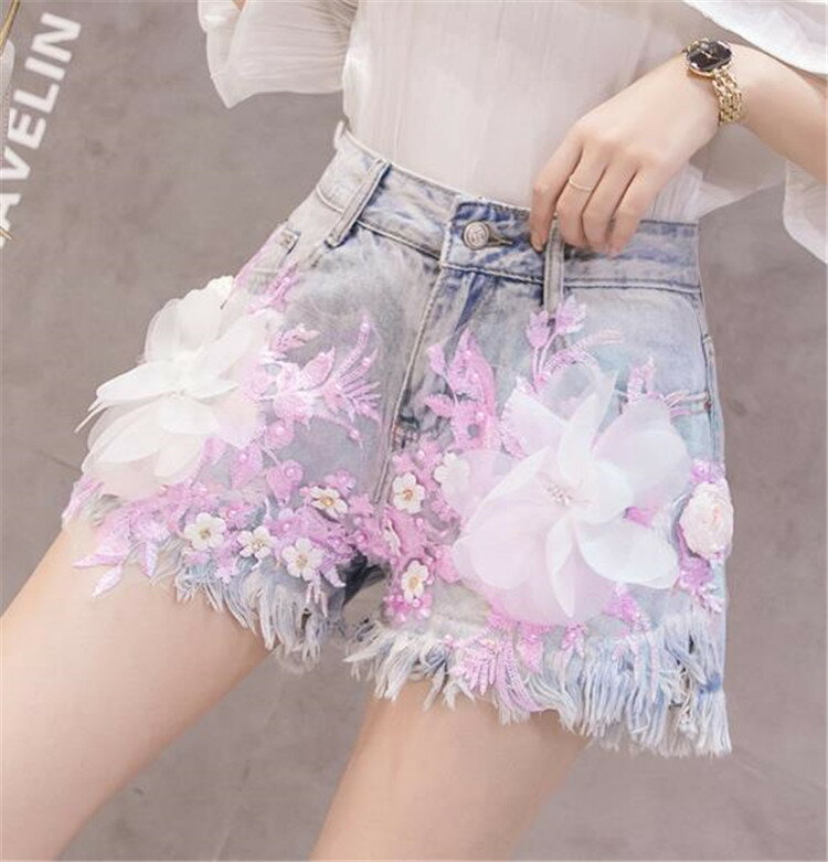 品質自信あり重工業 刺繍 花柄 可愛い系 デニム ショートパンツ ワイドパンツ ホットパンツ セクシー(T)