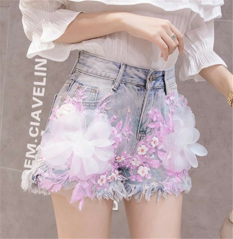 品質自信あり重工業 刺繍 花柄 可愛い系 デニム ショートパンツ ワイドパンツ ホットパンツ セクシー(T)