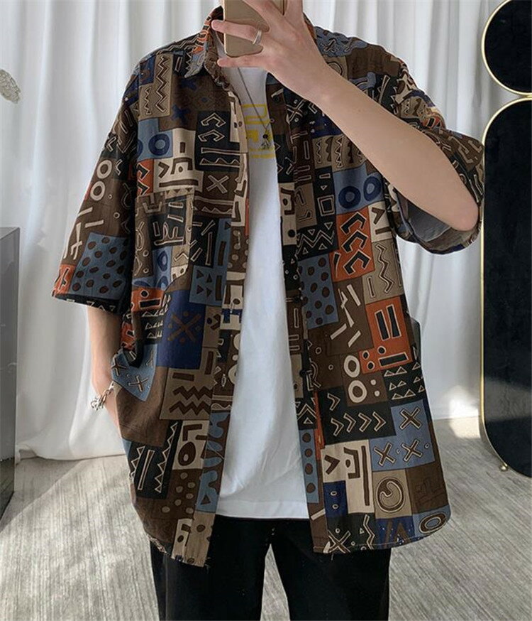 韓国バージョン ハンサム シャツ 五分袖 プリント スリップ(T)