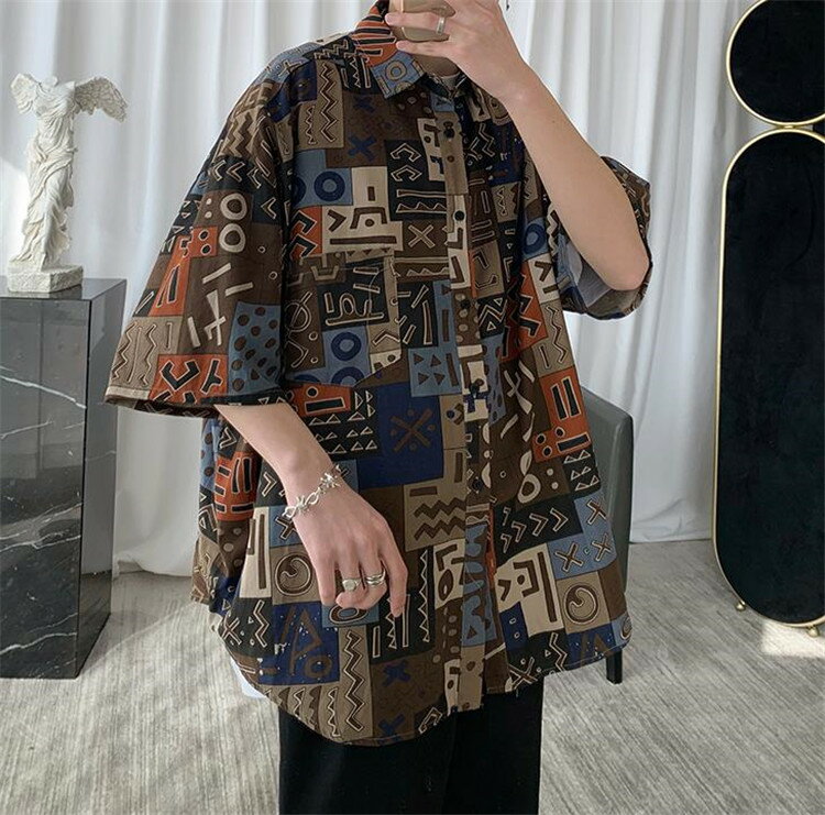 韓国バージョン ハンサム シャツ 五分袖 プリント スリップ(T)