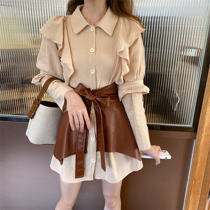 気持ちいい布地 個性的 ユニーク セクシー レディース 長袖 シャツ革エプロン 2点セット[K](T)