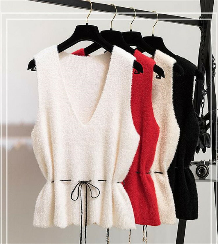 おしゃれマスターの着こなし 韓国ファッション ベスト 2点セット ワンピース ミンク 個性 セーター[K](T)