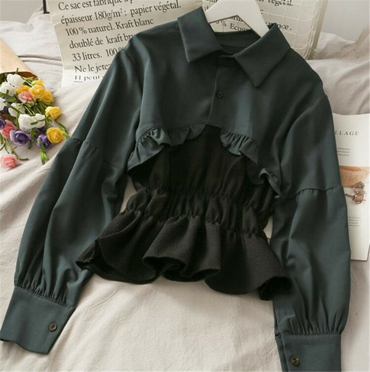 に間違いなし スリムフィットTシャツ ラペル スリム 長袖 トップス ショート丈(T)