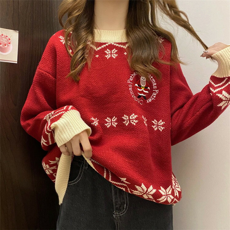 おしゃれマスターの着こなし 韓国ファッション クリスマス スノーフレーク 長袖 セーター ニット[K](T)