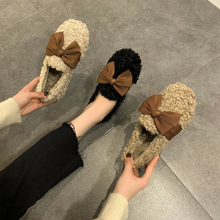 韓国ファッション 毛皮の靴 蝶結び 裏起毛 暖かい フラット スリップ ファッション(T)