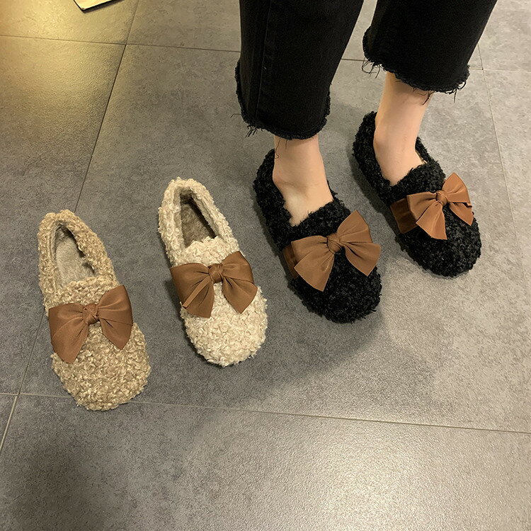 韓国ファッション 毛皮の靴 蝶結び 裏起毛 暖かい フラット スリップ ファッション(T)
