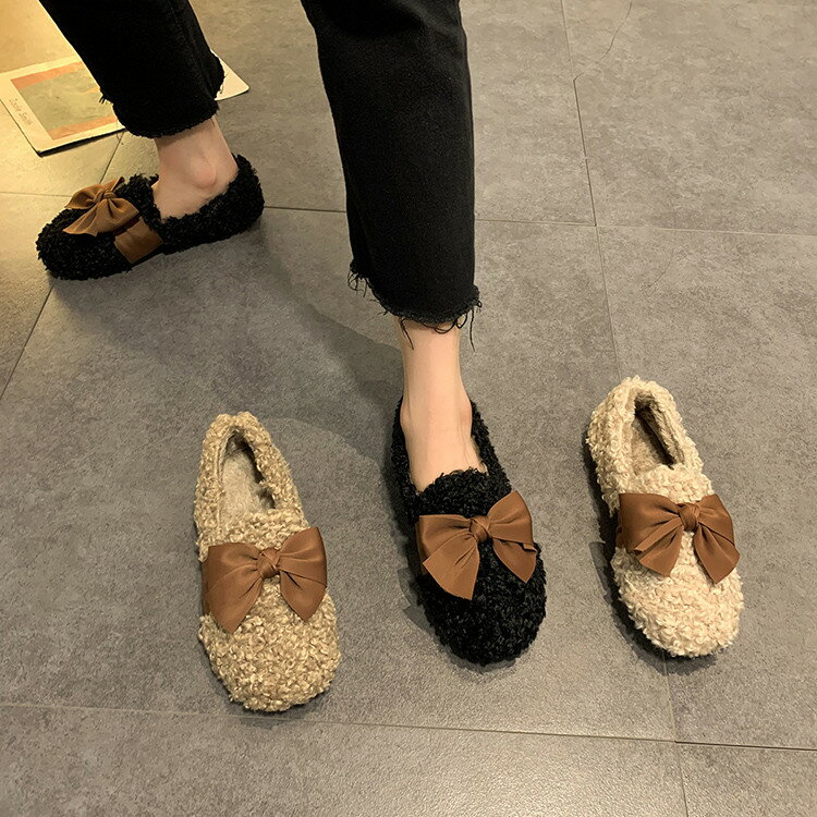 韓国ファッション 毛皮の靴 蝶結び 裏起毛 暖かい フラット スリップ ファッション(T)