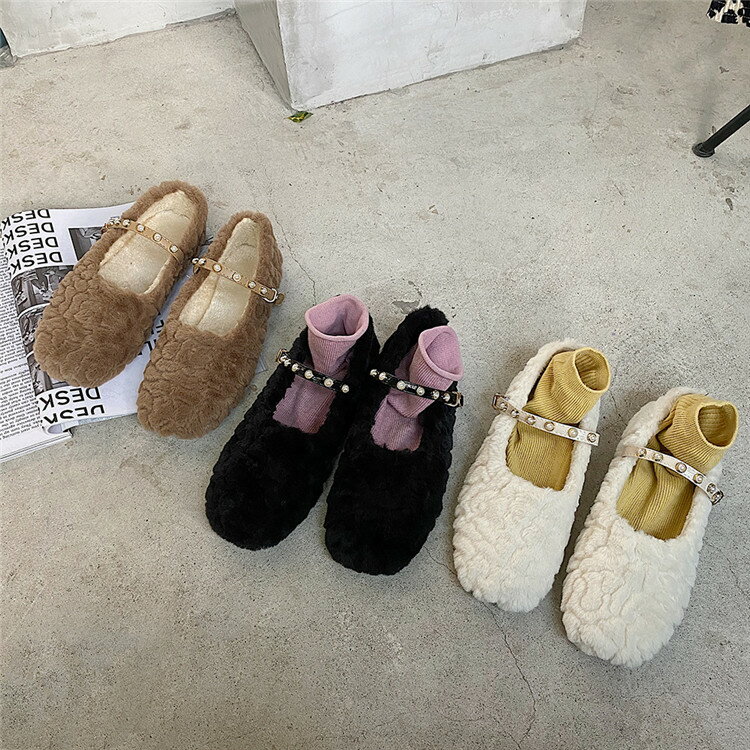 韓国ファッション ボタン 靴 子羊の髪 スリップ タイドファッション(T)