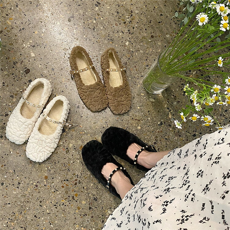 韓国ファッション ボタン 靴 子羊の髪 スリップ タイドファッション(T)