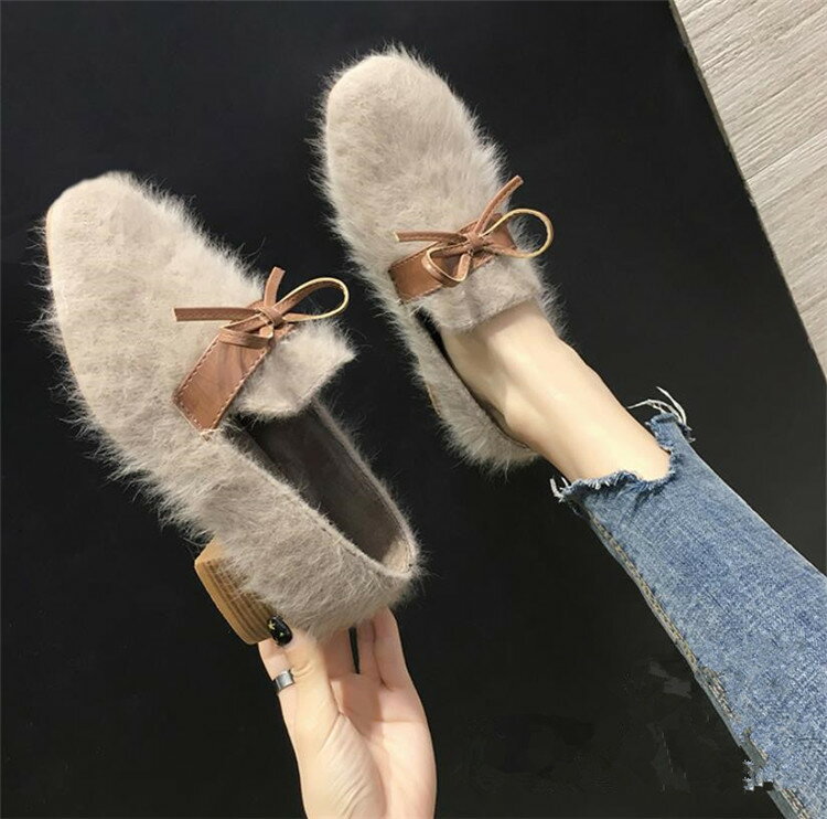 韓国ファッション 綿の靴 厚いヒール 蝶結び 裏起毛 暖かい 靴 スリップ(T)