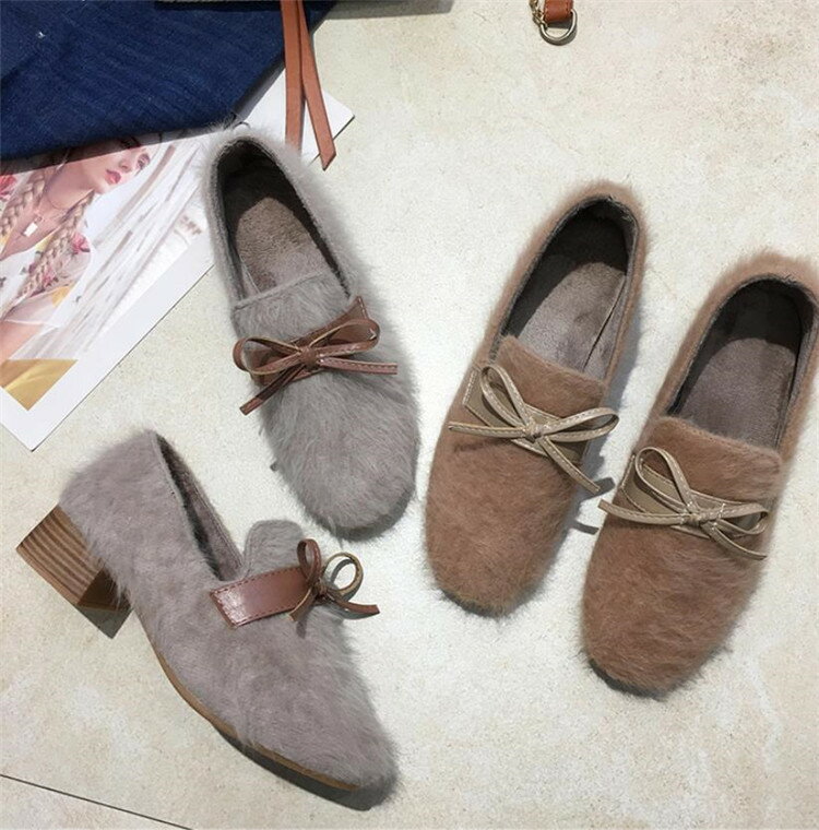 韓国ファッション 綿の靴 厚いヒール 蝶結び 裏起毛 暖かい 靴 スリップ(T)