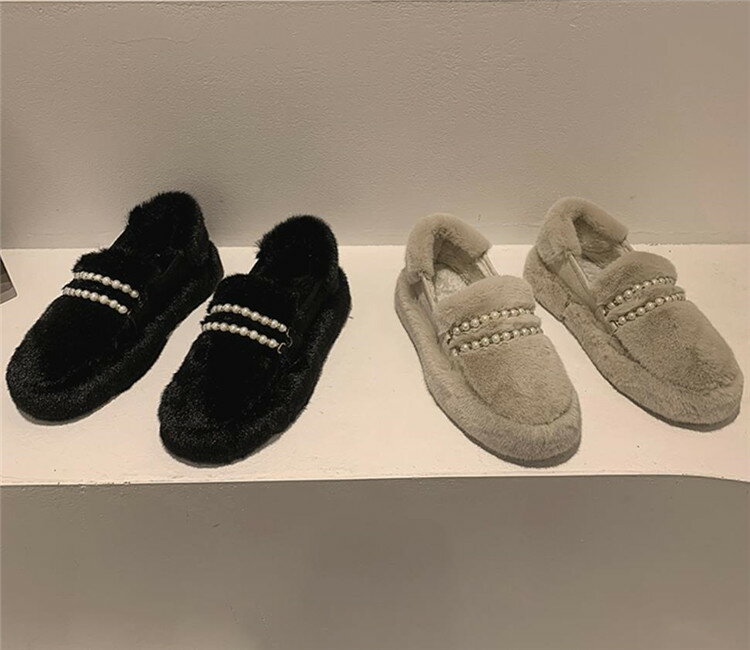 韓国ファッション 靴 もこもこ 真珠 裏起毛 平底 スリップ カジュアル(T)