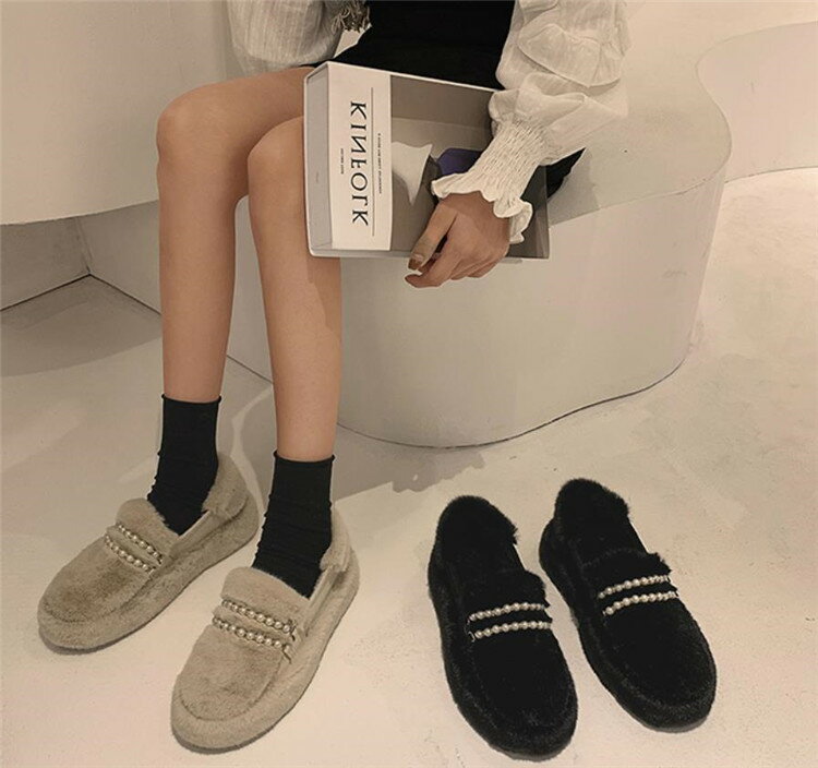 韓国ファッション 靴 もこもこ 真珠 裏起毛 平底 スリップ カジュアル(T)
