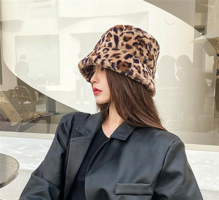 通勤 フェイクファー ヒョウ柄 フィッシャーマンズハット レトロ 顔を覆う 可愛い 個性(T)