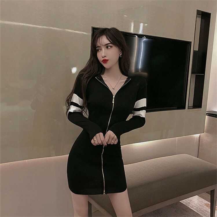 ワンピース Vネック 長袖 ジッパー ハイウエスト ニットワンピース[K](T)