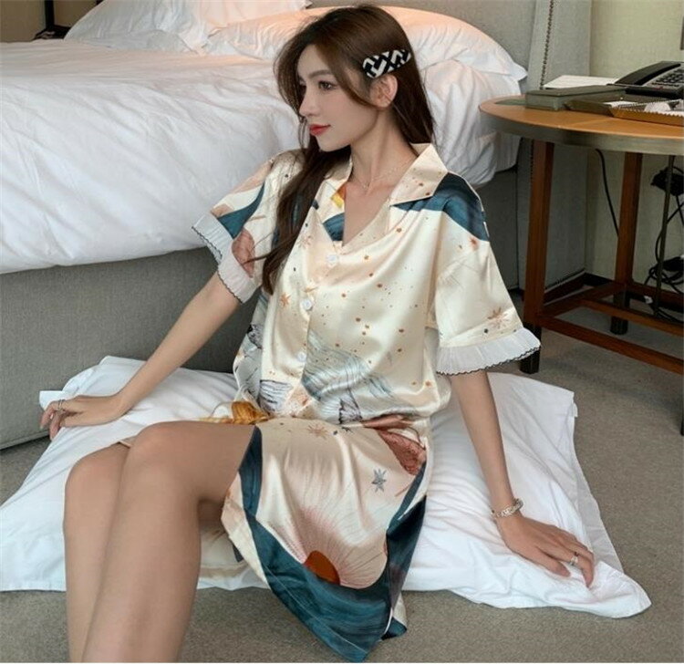 シック 韓国ファッション イミテーションシルク パジャマ 半袖 ナイトスカート[K](T)