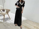 韓国ファッション ファッション パフスリーブ レース 大きな襟 オールインワン ワイドレッグ(T)(4)