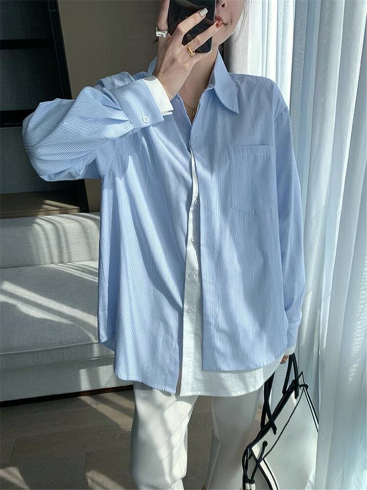 おしゃれマスターの着こなし 韓国ファッション フツーピース ボタン 長袖 シャツ(T)
