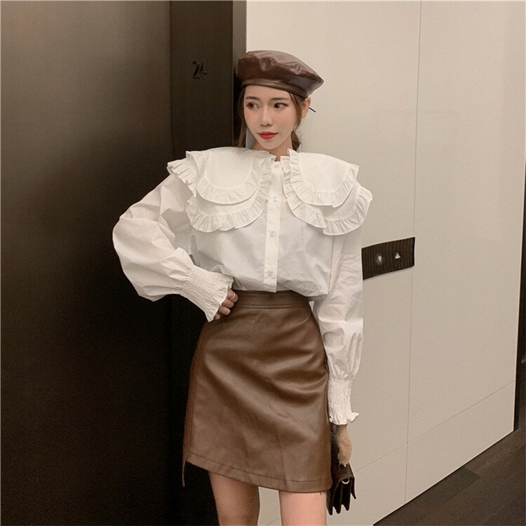 早くいに来てください 韓国ファッション レトロ ドーリー 大きい襟 フリル ボタン 長袖 ホワイトシャツ(T)