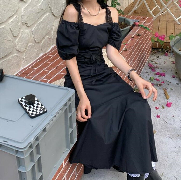 イレギュラー カジュアル オフショルダー ブラック ワンピース[K](T)