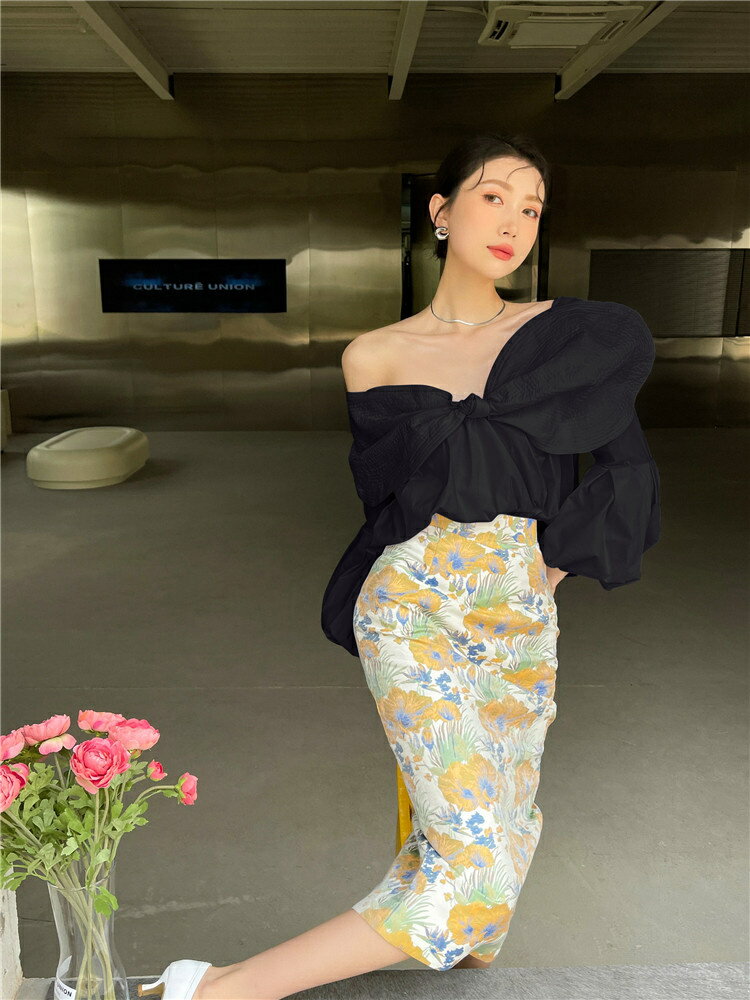 オフショルダー 蝶結び 女性 長袖 トップス デザイナースタイル ドレス 宴会場(T)