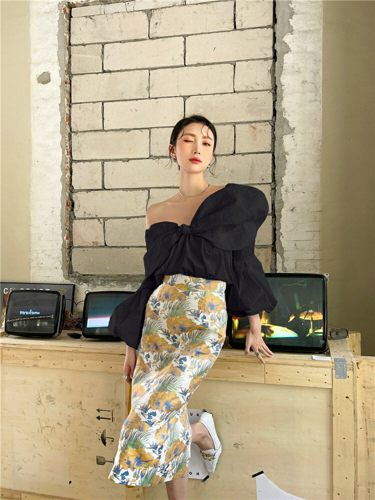 オフショルダー 蝶結び 女性 長袖 トップス デザイナースタイル ドレス 宴会場(T)