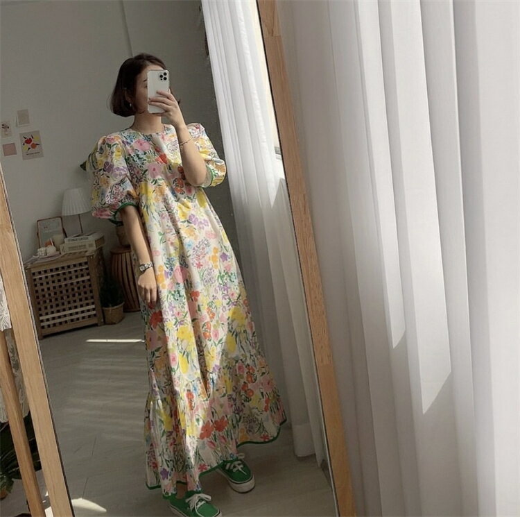 シルエットが美しい 韓国ファッション ワンピース ロングスカート 花柄 半袖 プリント[K](T)