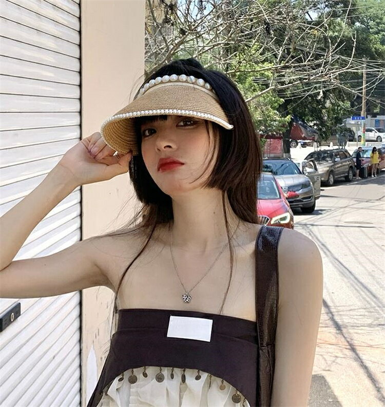 おしゃれ 麦わら帽子 真珠 アヒルの舌 日焼け防止 太陽 日よけ帽 ヘアバンド 空のトップ[K](T)のサムネイル