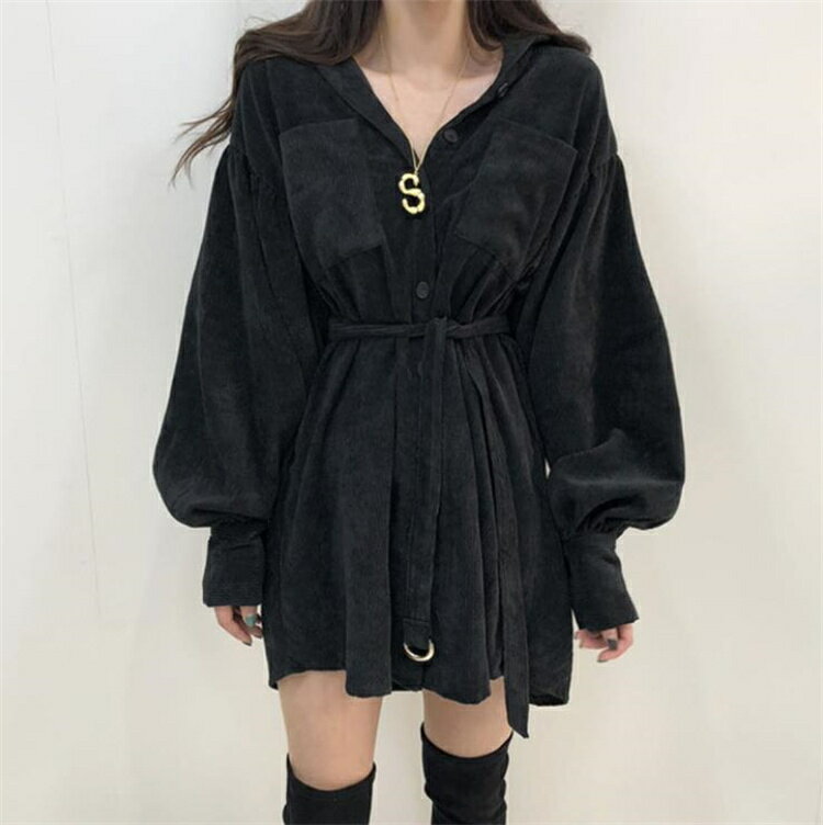 コーデュロイ ワンピース ミニスカート 長袖 ラペル 単体ボタン[K](T)