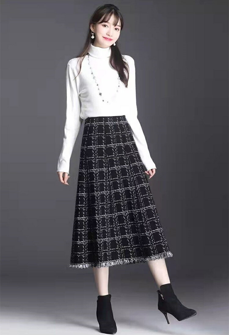 韓国ファッション ハイウエスト 傘スカート 膝上 Aライン ニットスカート ロングスカート[K](T)