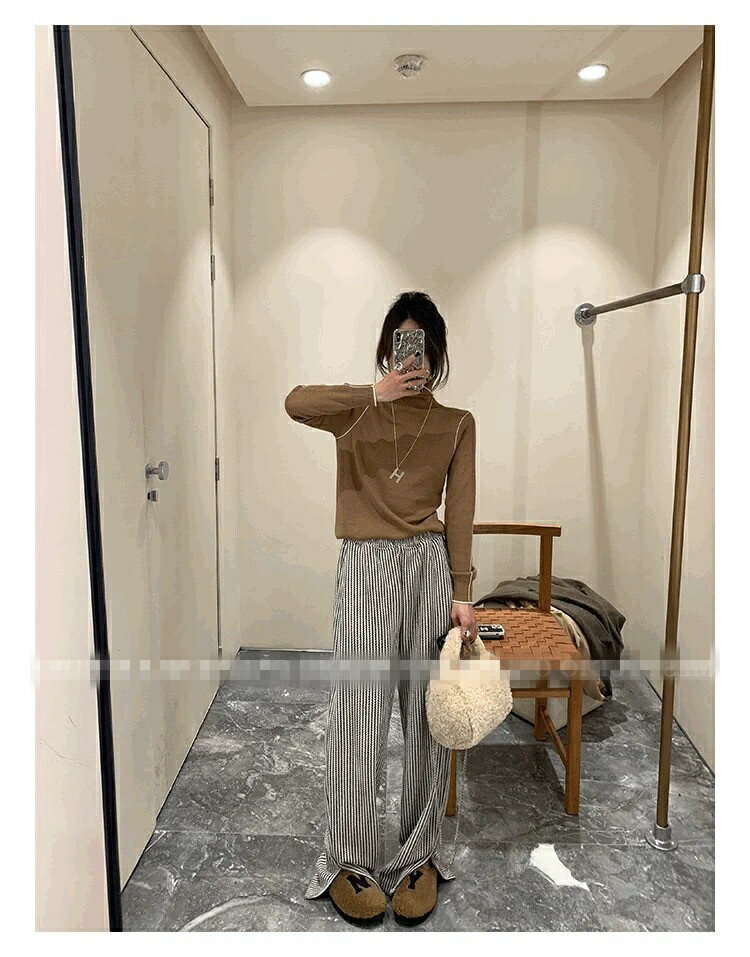 ストライプ ハイウエスト モップパンツ ゆったり スプリット[K](T)